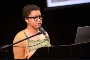 Chenoa Baker speaking at the National Art Centre in Vilinus